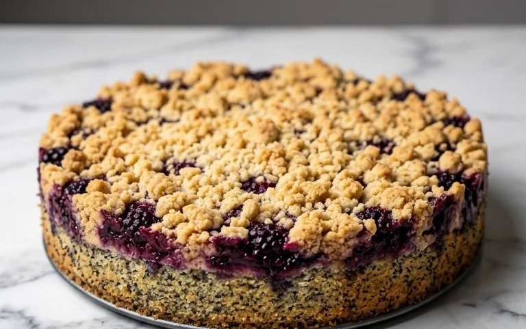 Veganer Brombeer - Mohn - Streuselkuchen